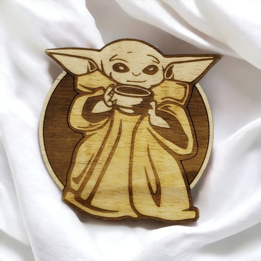Set of 6 Baby Yoda Wooden Coasters - Handmade Gift - Housewarming - Wood Kitchenware - Baby Yoda - The Mandalorian