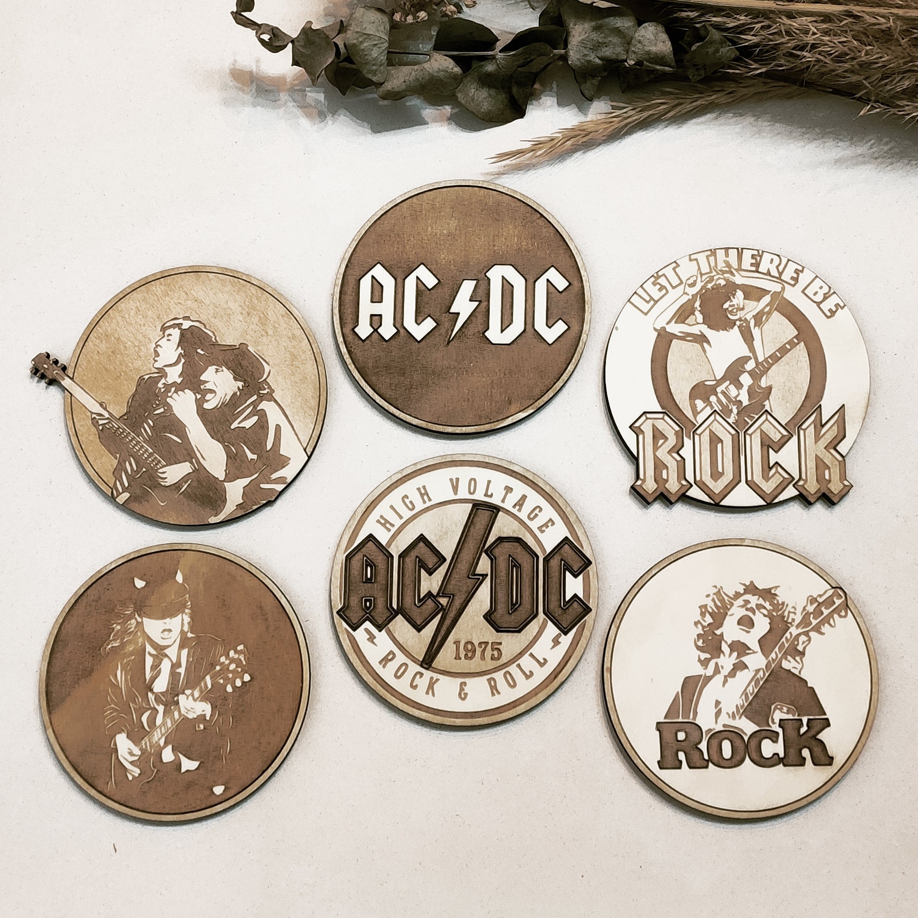 Set of 6 ACDC Wooden Coasters - Handmade Gift - Housewarming - Wood Kitchenware - Rock Band