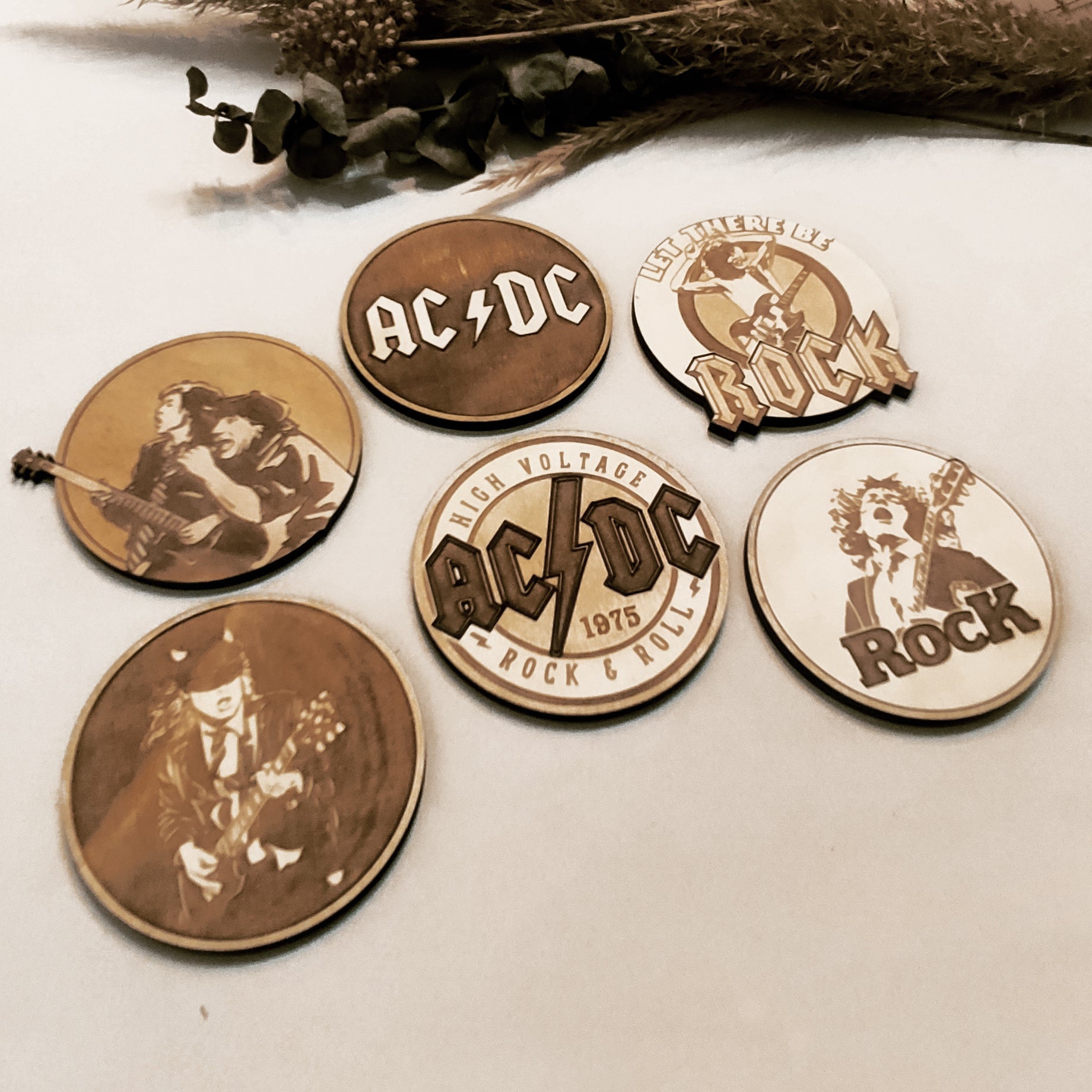 Set of 6 ACDC Wooden Coasters - Handmade Gift - Housewarming - Wood Kitchenware - Rock Band