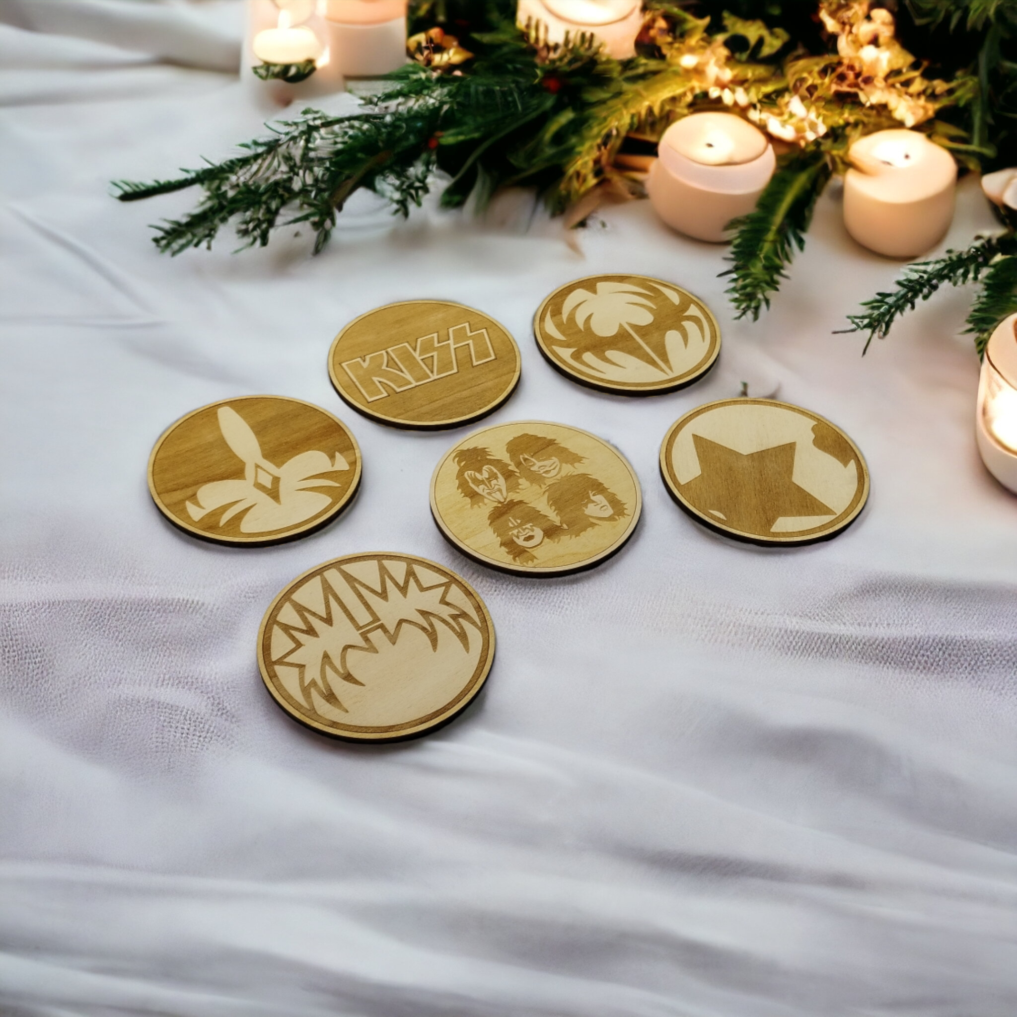 Set of 6 Kiss Wooden Coasters - Handmade Gift - Housewarming - Wood Kitchenware - Rock Band