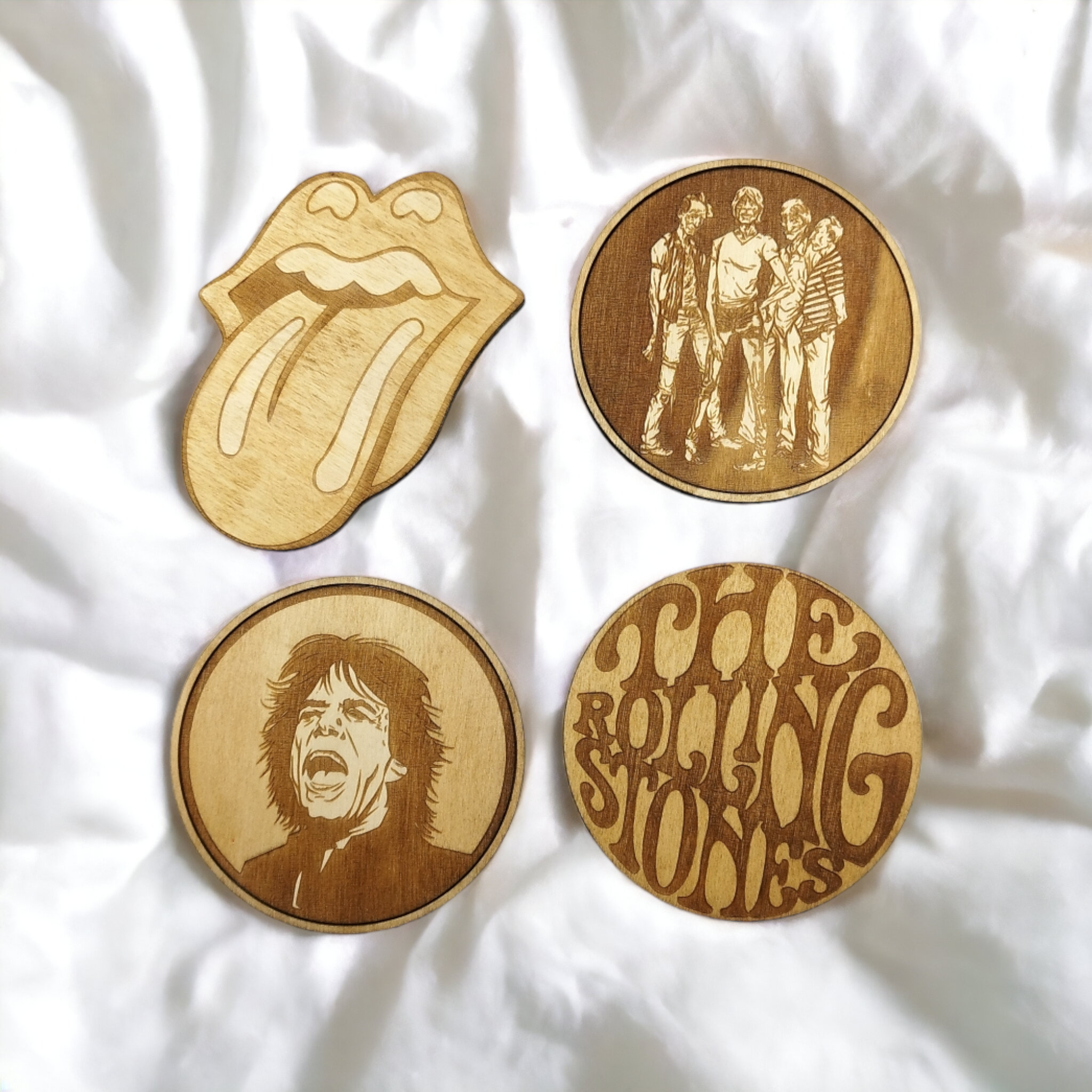 Set of 4 Rolling Stones Wooden Coasters - Handmade Gift - Housewarming - Wood Kitchenware