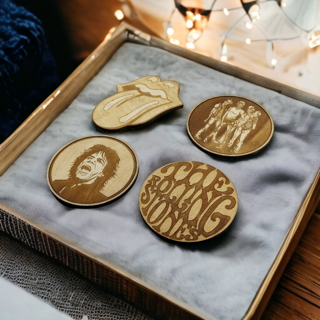 Set of 4 Rolling Stones Wooden Coasters - Handmade Gift - Housewarming - Wood Kitchenware