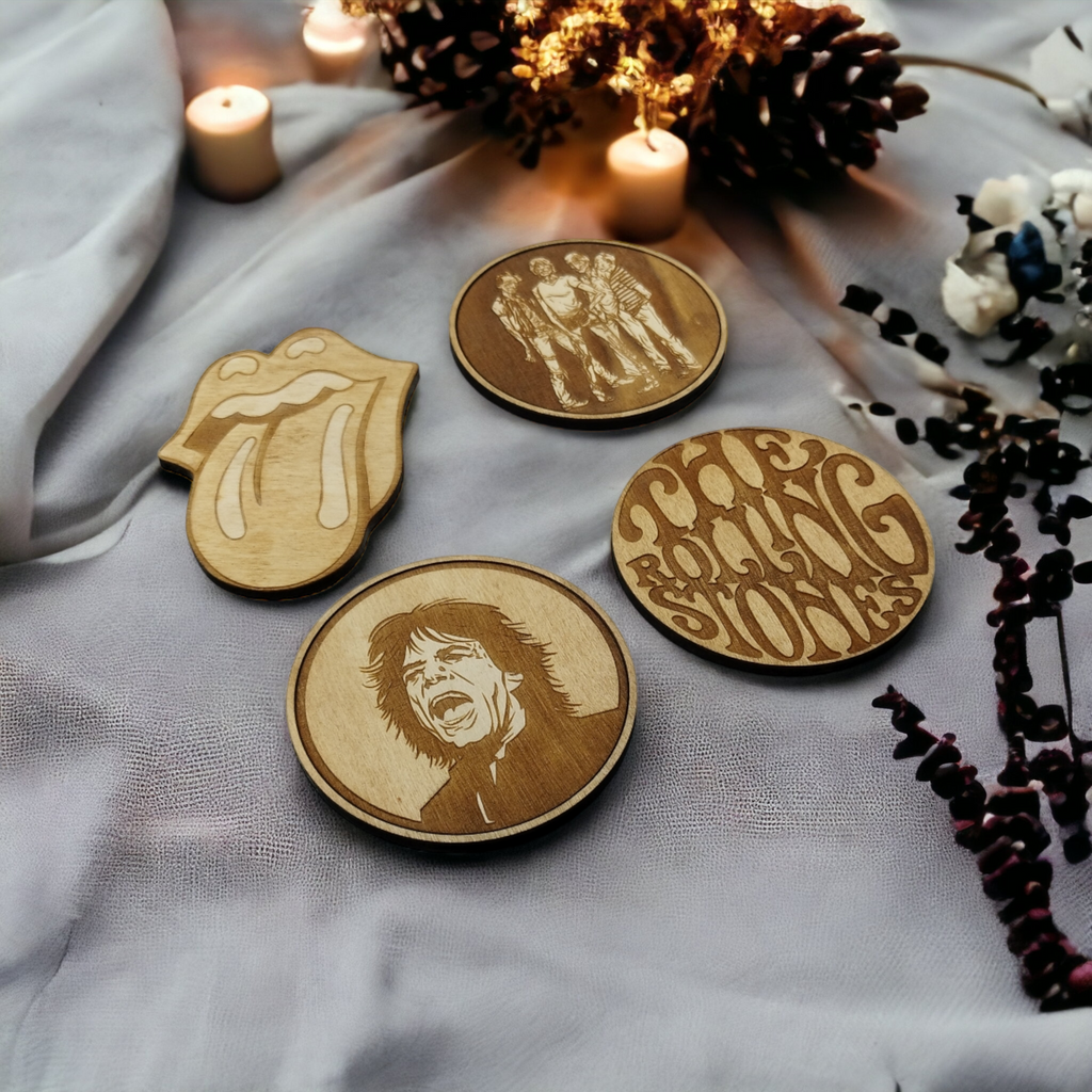 Set of 4 Rolling Stones Wooden Coasters - Handmade Gift - Housewarming - Wood Kitchenware