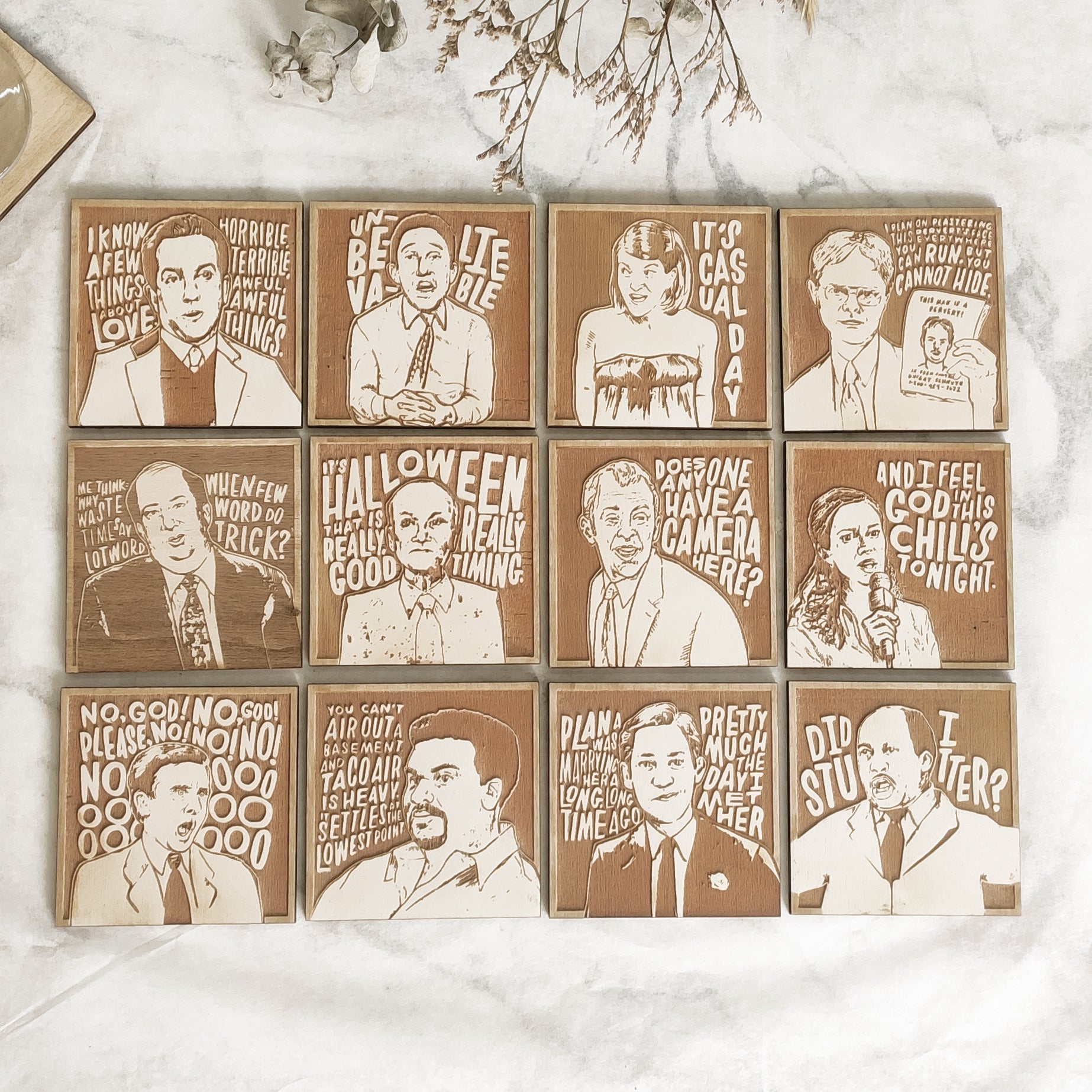 Set of 12 The Office Wooden Coasters - Handmade Gift - Housewarming - Wood Kitchenware