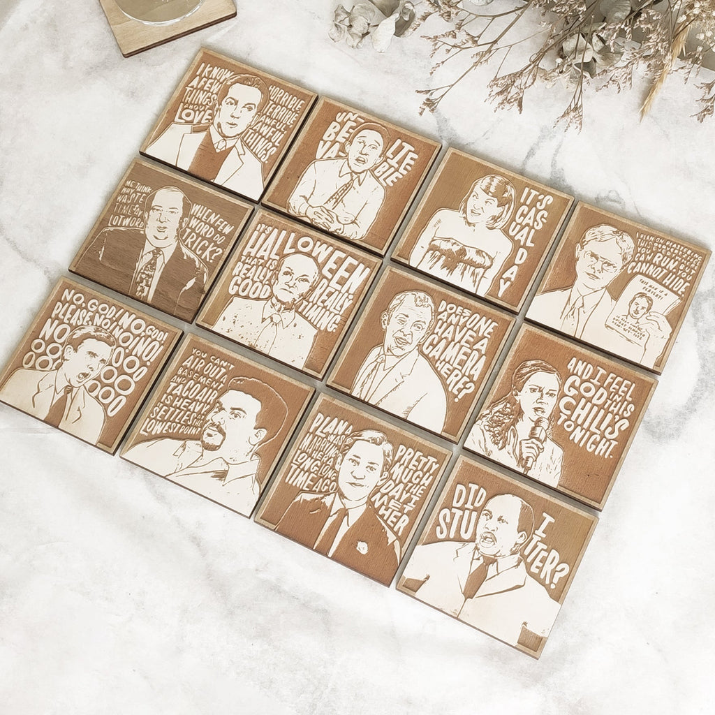 Set of 12 The Office Wooden Coasters - Handmade Gift - Housewarming - Wood Kitchenware