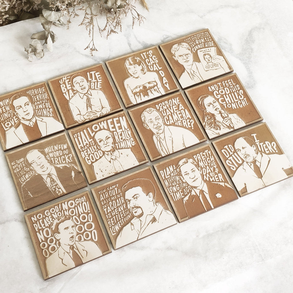 Set of 12 The Office Wooden Coasters - Handmade Gift - Housewarming - Wood Kitchenware