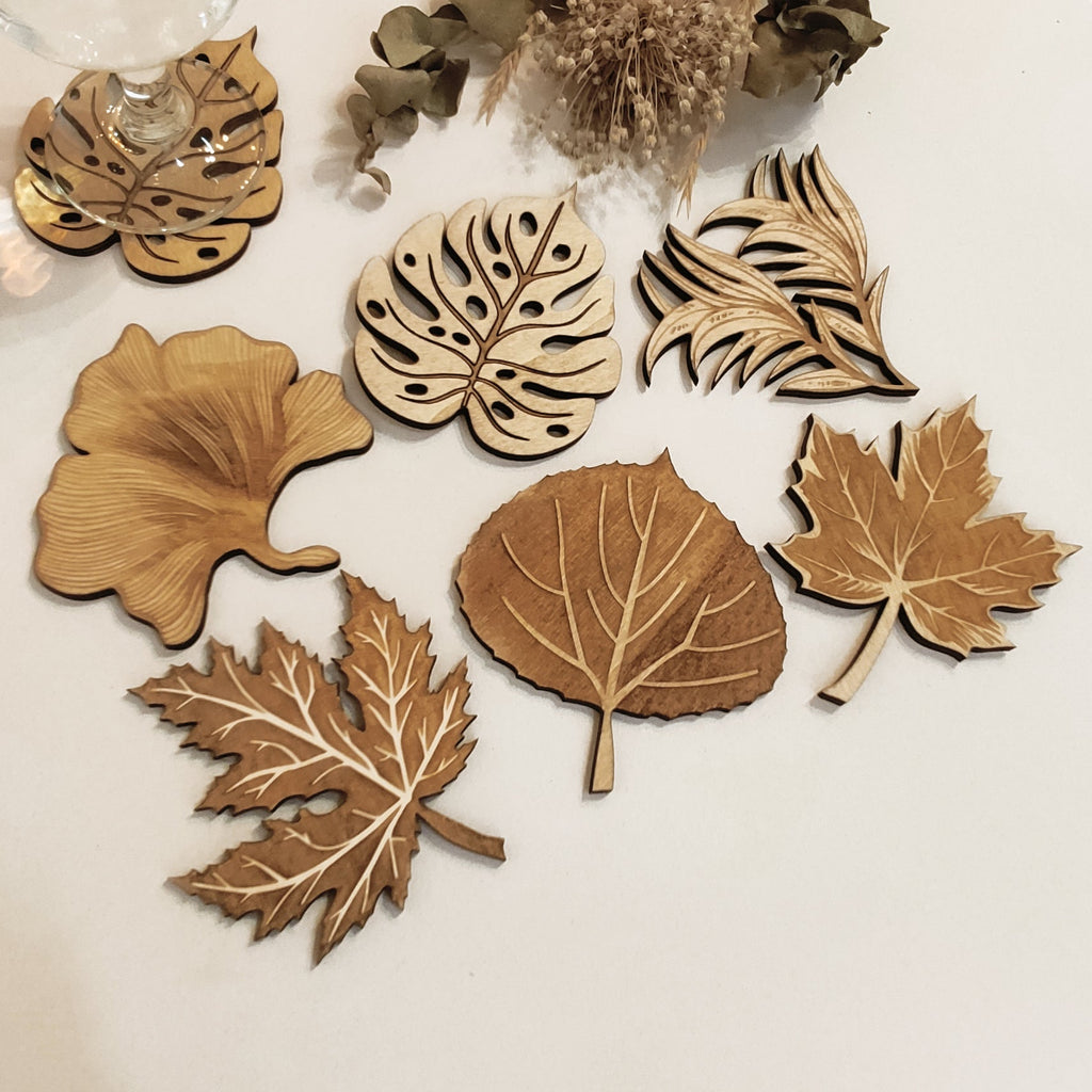 Set of 6 Leaves Wooden Coasters - Handmade Gift - Housewarming - Wood Kitchenware - Nature