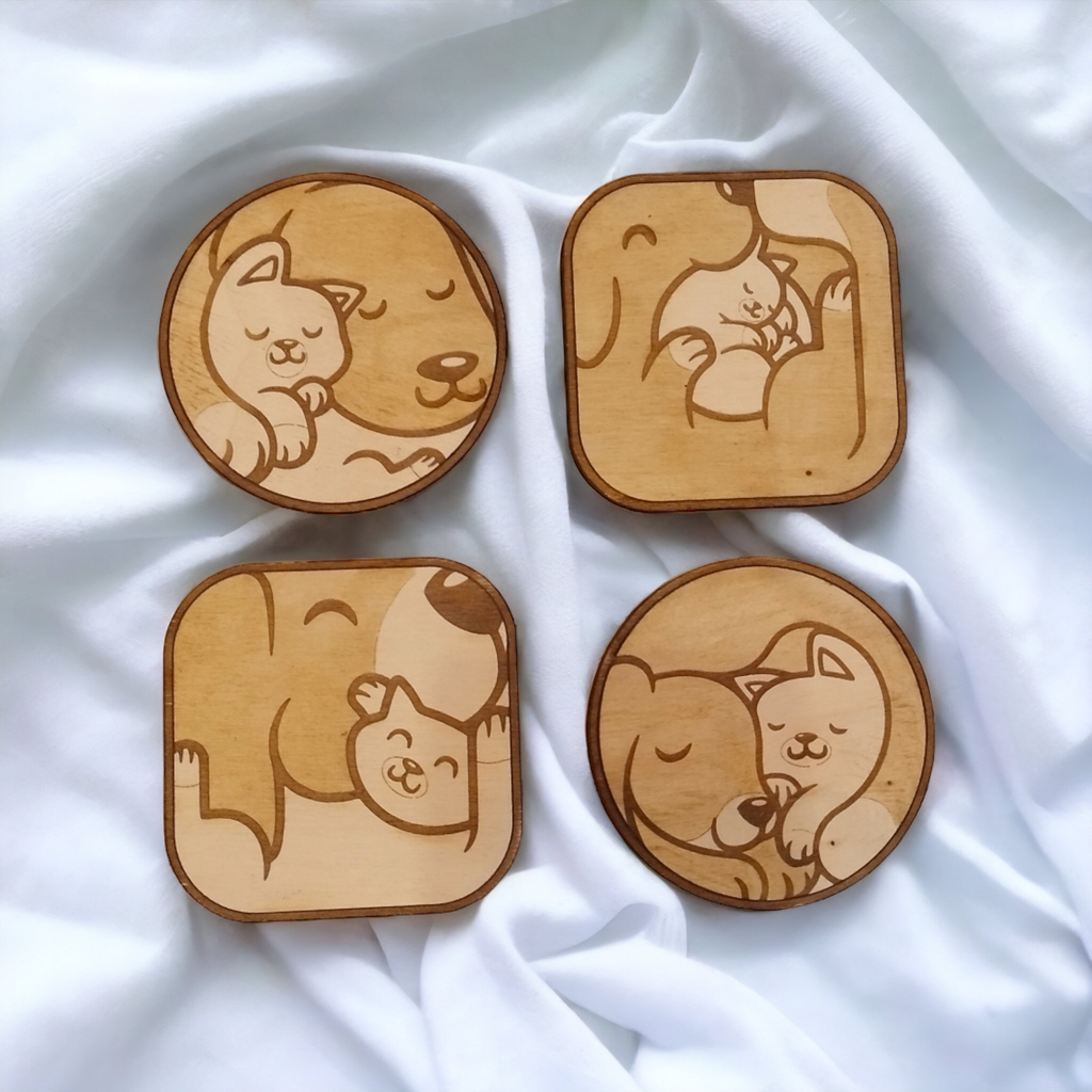 Set of 4 Dog and Cat Wooden Coasters - Handmade Gift - Housewarming - Wood Kitchenware